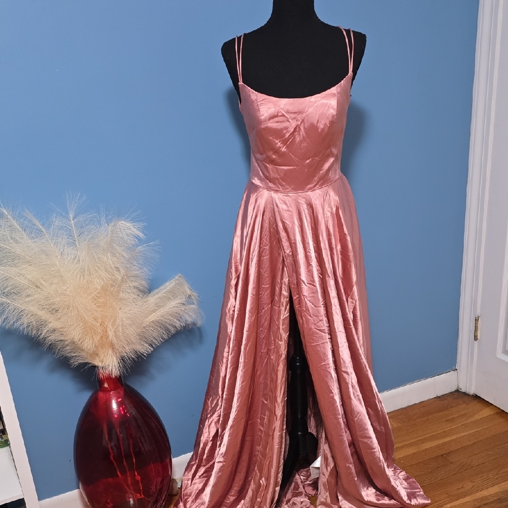 Elegant Blush Pink Satin Slip Dress with Flowing Skirt